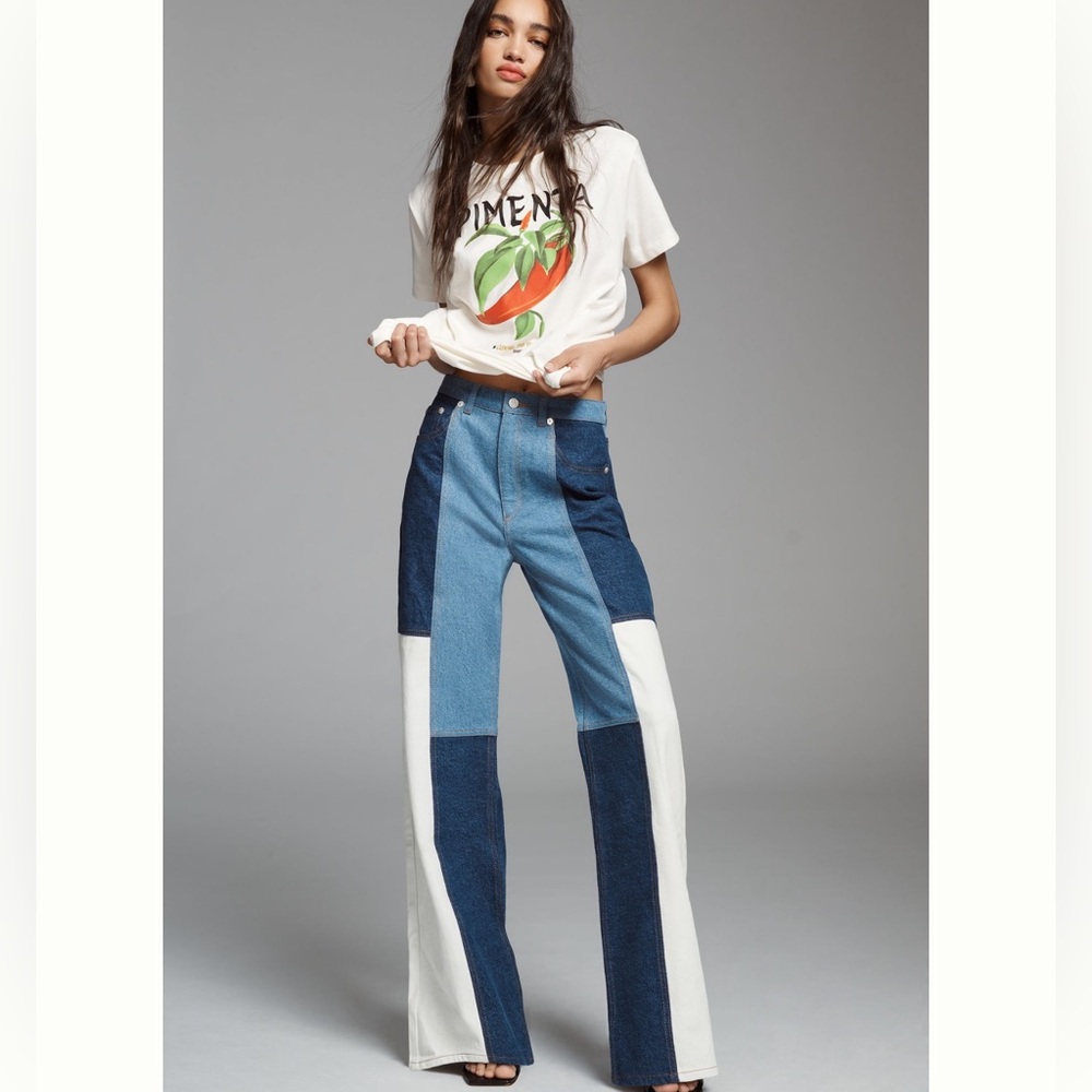 FARM Rio Blue Flare Wide Leg Jeans Modern Patchwork